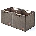 KAKAMAY Collapsible Cube Storage Bins 15x13x13 Inches Brown 2-Pack, Foldable Storage Organizer Wooden Handles Fabric Baskets for Living Room Shelves, Bedroom Nursery Closet Toys, Clothes, Laundry