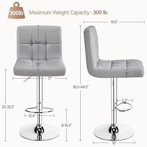 Image of Yaheetech Bar Stools Set of 2, PU Leather Adjustable Barstools, Modern Counter Stools with Back and Footrest, Counter Height Barstools for Bar, Kitchen, Dining Room, Light Gray