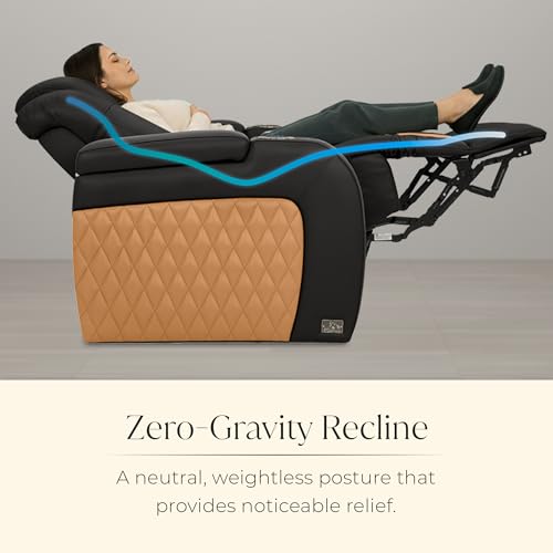 Image of Seatcraft Diamante Black /Tan Oak Italian Leather Home Theater Seating, Zero Gravity Power Recliner, Gaming and Home Office Chair, Powered Headrest Furniture for Cinema Room, Row of 4 Middle Loveseats