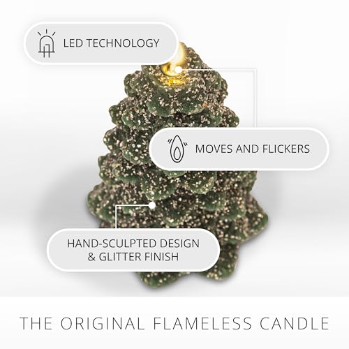 Image of Luminara Christmas Tree Flameless LED Candle, Dark Green 5.35 inch x 8.5 inch, Moving Flame Battery Operated Timer, Holiday Decor, Glitter Snow Finish Safe