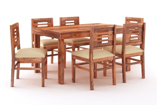 Image of Solid Sheesham Wood Dining Table Set 6 Seater | Six Seater Dining Table with 6 Cushions Chairs for Living Room | Dinning Table Set 6 Seater for Living Room, Hotels & Restaurant, Honey Finish