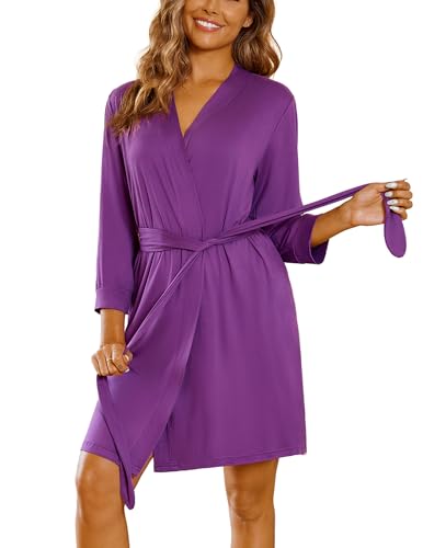 Image of Ekouaer Women's Robes Lightweight 3 /4 Sleeve Short Knit Bathrobe Soft Knee Length Sleepwear Robes with Pockets S-XXL