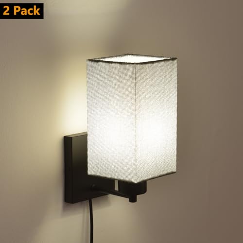 Image of KOONTING Plug in Wall Sconce Set of 2, Rustic Wall Lamp Wall Light Fixture | With Plug-in Cord and On /Off Toggle Switch, Grey Fabric Shade Wall Light for Headboard Bedroom Living Room (Square-Grey)