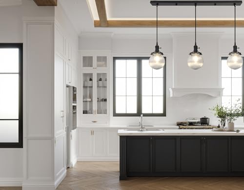 Image of Phansthy Kitchen Island Lighting, 3 Lights Linear Chandeliers, Hanging Light with 5.9 inch Globe Striped Glass Shade, 3-Light Pendant Light Fixtures for Dining Room Farmhouse (Black, Long Base)