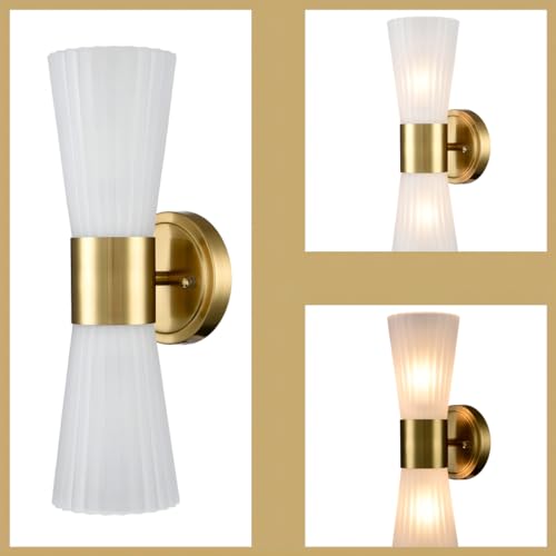 Image of Modern Wall Vanity Light Fixture Brushed Gold Wall Sconce, Adjustable Direction Up Down Wall Light with Frosted Milk White Striped Glass Shade for Living Room Bedroom Bathroom Hallway