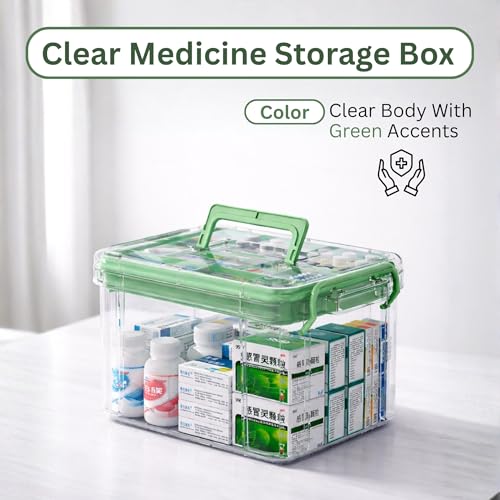 Image of HoopVool Clear Plastic Medicine Storage Box Organizer, Family Emergency Kit with Removable Pill Case Portable Lockable Container for, Art Craft and Cosmetic Household Organizer (Green, Small)