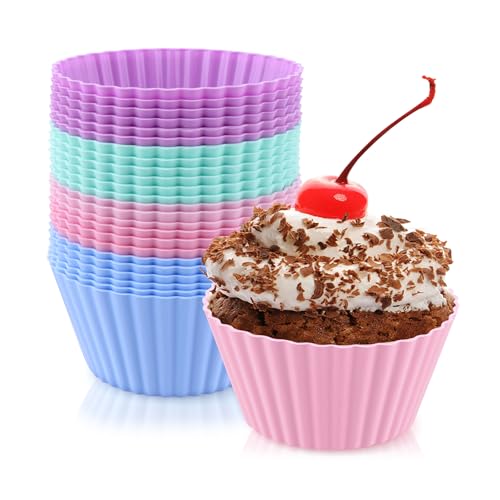 24 Pack Silicone Baking Cups Round Reusable Nonstick Cupcake Liners Food Grade BPA Free Multicolor Mini Cake Molds for Muffins and Bento Box Accessories Standard Size Baking Cup Liners