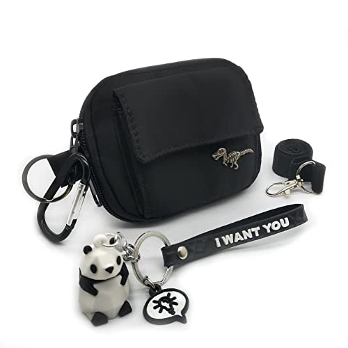 EDC Coin Pouch for Men with Panda Keychain Hooks Waterproof Nylon Zipper Wallet with Side Pocket Dinosaur Pin For Boy
