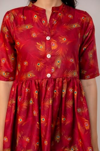 Image of Women's Printed Peplum Top | Ethnic Feather Print Kurti Style Top | Mandarin Collar, 3 /4 Sleeve | Casual & Office Wear for Girls & Women | Maroon
