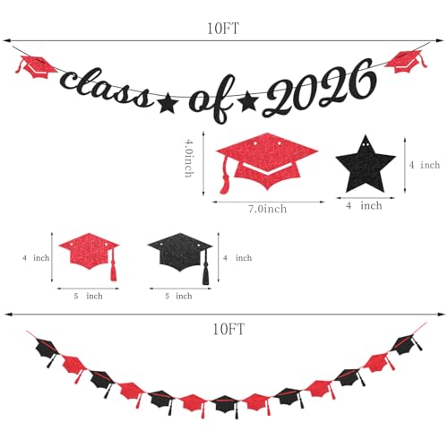 Image of Red Black Party-Decoration Graduation Banner - 14pcs Kits Cap Garland Streamers, Paper Tissue Pom Poms Flowers Fans Honeycomb,Class Of 2026 College High School Grad Decor Hugfond
