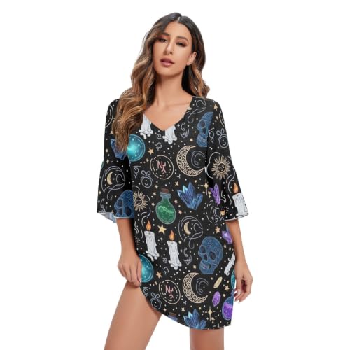 Robe d'été noire imprimée Skulls Moons pour femme : style hawaïen et gothique chic