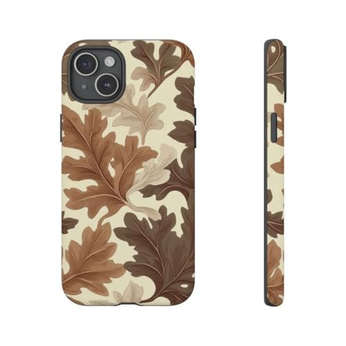 Coque iPhone 15 Plus marron rigide mate au motif feuille de chêne