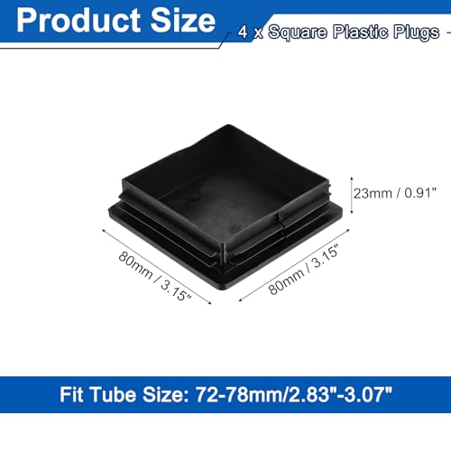 Image of uxcell 4Pcs Square Plastic Plugs, 80 x 80mm /3.15 x 3.15inch PE Pipe Tubing End Caps for 72-78mm /2.83-3.07inch Square Tube Furniture Chair Leg, Black