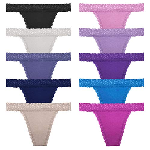 Image of Cotton Thongs For Women, Lace Thongs For Women,10 Pack Size XS to 5XL | Delicate Floral Lace Trim,Buttery Soft Stretch Waistband,Minimal Thong Cut,Daily Everyday Wear,Value Multipack Lingerie