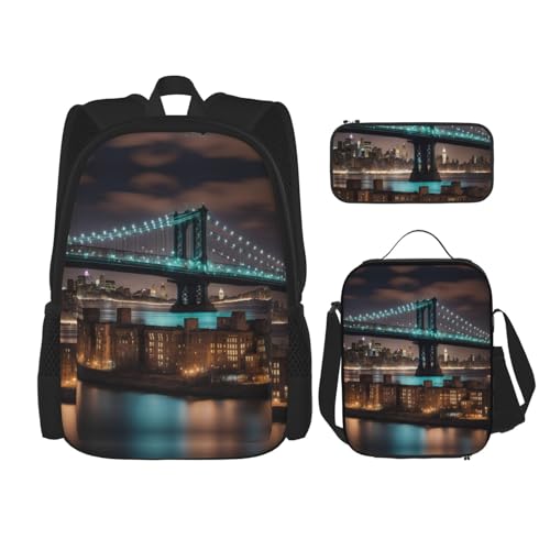 New York Manhattan Bridge Night 3-Piece Set Backpack, Lunch Bag, And Pencil Case, Casual Cute Sets For Travel And College