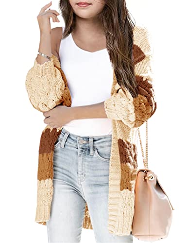 Girls Open Front Long Sleeve Cardigan Color Block Chunky Knit Oversized Kids Sweaters Coat