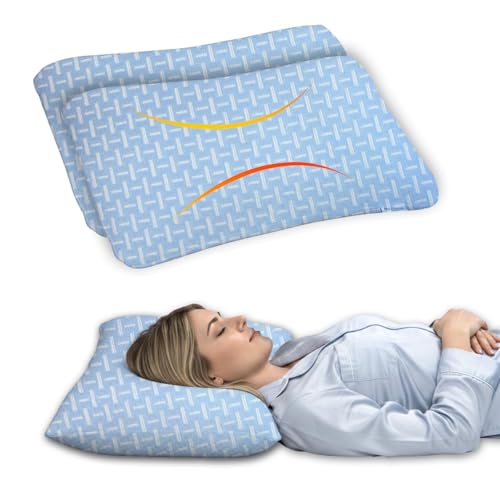 Image of Ergonomic Neck Support Pillow Set of 2, Contour Memory Foam Cervical Design, 55 x 38 x 10 cm, 220 GSM Jacquard Weave Cover, Sky Geometric Pattern, Support