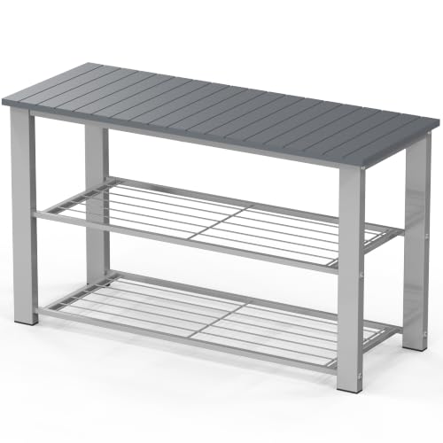 Image of Simple Houseware Wood Top Shoe Storage Bench for Entryway, Grey