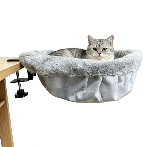 WiliThghe Cat Desk Bed One-Click Foldable Semicircular Cat Hammock for Desk Soft Faux Fur Cat Window Perch Space Saving Cat Bed with Removable Washable Cover Cat Shelf for Desk (L)