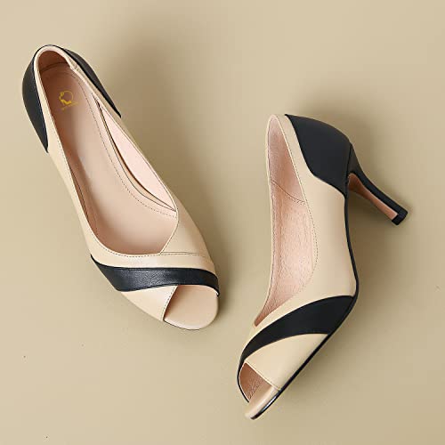 SHODENSE Women Peep Toe Stiletto Heel Pumps Slip On Open Toe Pump Shoes Two Tone 3 Inch Mid Kitten Heel Dress Sandal Pump Shoes Ladies Patchwork Office Summer Elegant Retro Concise 4-11 M US2
