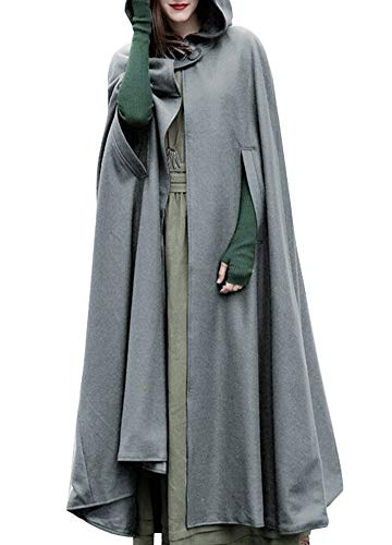 Romacci Women Hooded Cloak Cape Halloween Open Front Poncho Coat Warm Winter Costume Cosplay Outerwear with Full Length Grey