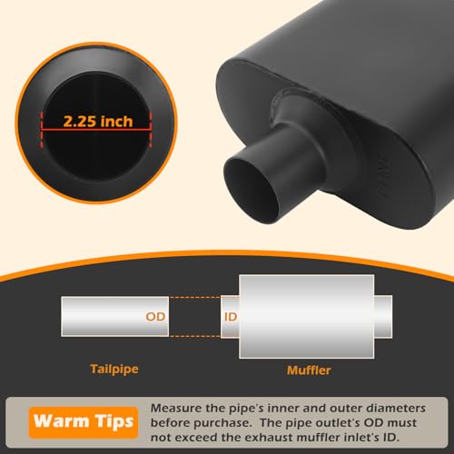 Image of A-KARCK Universal Exhaust Muffler 2.25 inch Center Inlet 2.25 inch Center Outlet, 13 inch Overall Length Aluminized Steel Aggressive Sound Race Muffler for Cars, Trucks (Black)
