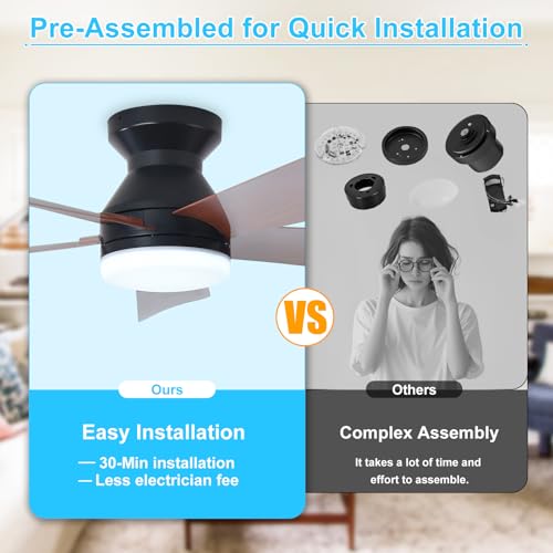 Image of Depuley Modern Ceiling Fan with Light: 42-Inch Black Small Fans for Bedroom Indoor Outdoor - Dimmable Low Profile Ceiling Fans with Remote Control Flush Mount 5 Reversible Walnut Blades 6 Speeds Timer