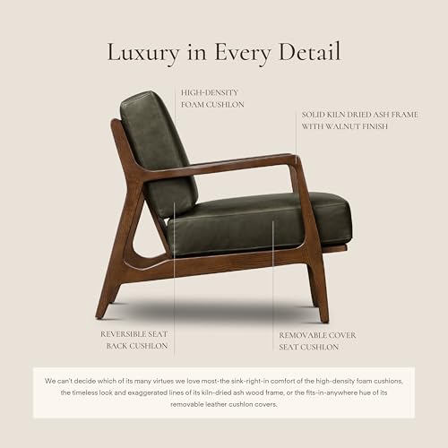 Image of Poly & Bark Verity Leather Accent Chair - Armchair with Walnut Wood Frame - Fashion-Forward Lounge Seating for Living Room - Upholstered in Olivine Green Leather for Modern Style