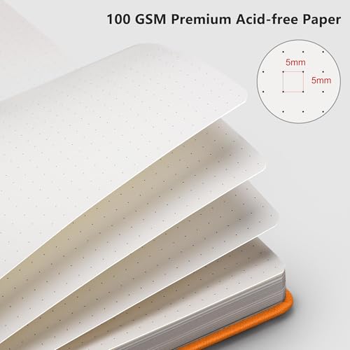 Image of RETTACY Dotted Journal Notebook, 192 Pages, A5 Medium Size (5.7'' x 8.3'') | Leather Hardcover, 100 GSM Thick Paper, for Journaling, Planning, Tracking (Orange)