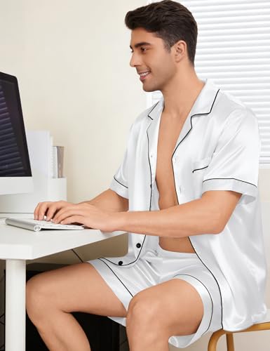 Image of SWOMOG Men Silk Pajama Set Short Sleeve Satin PJs Sets 2 Piece Button Down Sleepwear Soft Summer Loungewear with Pockets