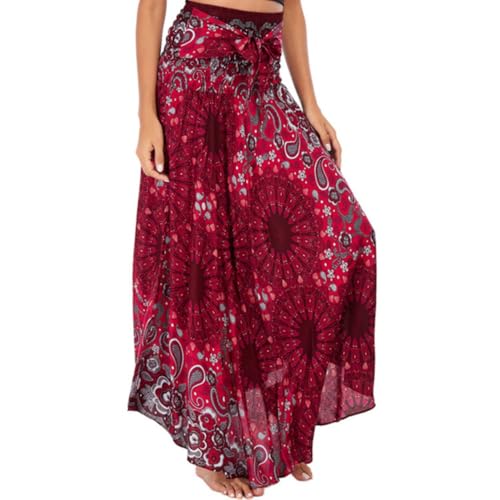 FANSU Women's Maxi Skirt Summer Bohemia, 2 in 1 Elastic High Waist Pleated A-line Flared Maxi Skirts Elegant Pleated Flowy Long Dresses for Summer Party Beach (Mandala Wine Red)
