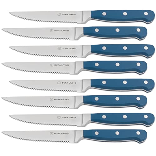 DURA LIVING Premium 8-Piece Steak Knife Set – Sharp Serrated Blades, Forged High Carbon Stainless Steel, Full Tang, Ergonomic Handle, Royal Blue – Ideal for Dining & Entertaining