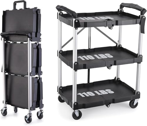 EAST MOUNT Portable Folding Service Cart - 3 Tier 330LBS Capacity - Rolling Utility Foldable Cart with Wheels for Warehouse Home Workshops Garages Restaurants Offices