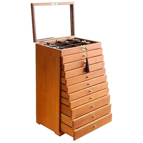 WZFPXIGWE Standing Mirror Storage, Walnut Jewelry Armoire Cabinet with 10 Drawers, Jewelry Storage Cabinet Organizer for Earrings Necklaces Bracelets, Girls Gift Cover