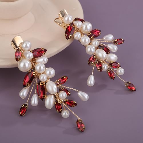 Rumtock 2pcs Red Rhinestones Beads Hair Clips Pearl Flower Side Headpiece Wedding Bridal Boho Jewelry Prom(Wine)