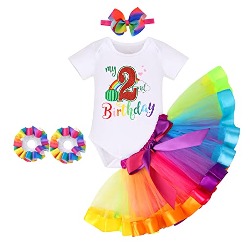 Watermelon 2Nd Birthday Outfit For Baby Girls Romper Rainbow Tutu Skirt Headband Socks 4Pcs Summer Clothes Set For 2 Year Old Princess Cake Smash Photo Prop Dress Rainbow 2Nd Birthday 4Pcs 2 Years #TOP6