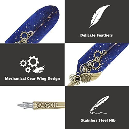 Quill Pen and Ink Set, Feather Pen Calligraphy Set, Mechanical Gears & Wings Design Quill Pen with Wax Seal Stamp Set, Antique Stationery Gift for Handwriting Lovers Birthday Christmas Valentines Day