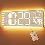 EASYERA 16.5" Large Digital Wall Clock with BT Sync, Wood Grain Clock with 11 RGB Light Scenes, Remote Control, Dual Alarms with Big LED Display, Auto DST, Temperature for Classroom Gaming