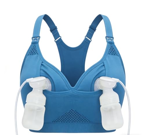 4HOW Pumping Bra Hands Free, Nursing Bras for Breastfeeding, Low-Impact Racerback Maternity Sports Bra, Pregnancy Padded Wireless Bra, Blue Large