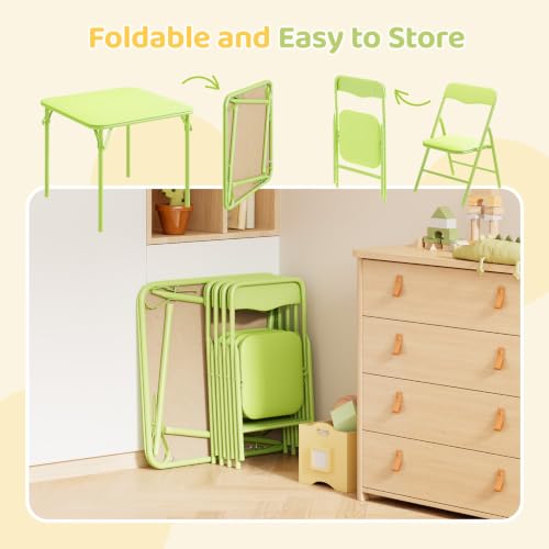 Image of JOYMOR Kids Folding Table and Chairs Set, 5-Piece Metal Frame Activity Set with Easy-Fold Design for Playroom & Classroom, Green