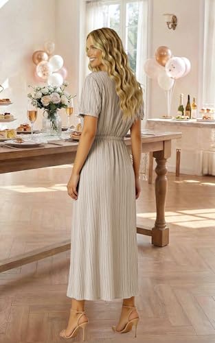 ECOWISH Women Maxi Dresses Cocktail Party Wedding Guest Formal Pleated Long Dress Short Sleeve Slit Empire Waist Evening Gown 93Champane Small — view 2