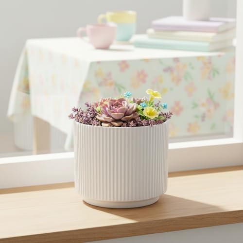 Image of Xtore Striataform Ceramic Ribbed Planter | Contemporary Round Flower Pot for Home, Bedroom, Study Table & Living Room Decor - (White, 1 Piece, Planter ONLY)
