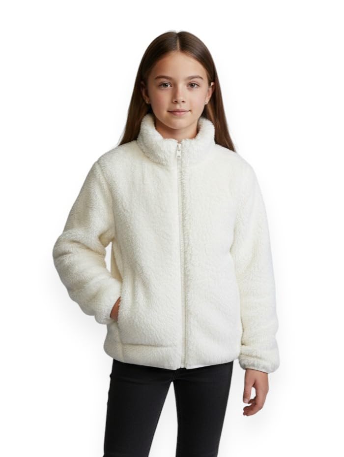 Alan Jones Clothing Girls Furry Fleece Full-Zip Jacket Off-White - Image 1