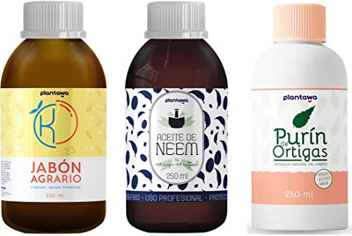 Pack Protección Jabón Potásico, Aceite de Neem y Purín Ortiga para Plantas (3X250 ML), Orgánico,Sostenible 100% Natural Protección Huerto,Concentrado,Hongos,Mosca Blanca,Araña Roja,Pulgón,Cochinilla