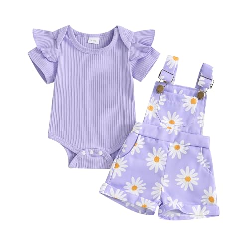 DSORVICD Newborn Baby Girl Summer Clothes Ribbed Ruffle Short Sleeve Romper Daisy Suspender Overall Shorts 2Pc Outfits