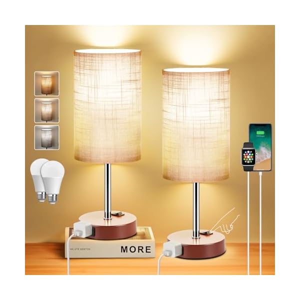 ZJOJO Table Lamp for Bedroom Set of 2, Bedside Small Lamps with 3 Way Dimmable Rocker Switch and AC Outlet, Nightstand Desk Lamp with Gray Fabric Shade Brown Base for Living Room Home Decor Lights