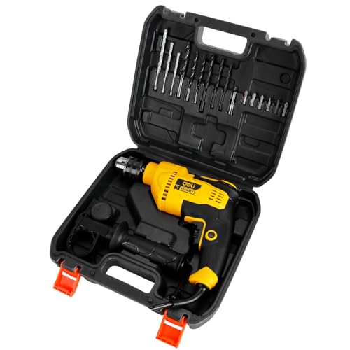 Image of Deli EDC180 650W Corded Electric Impact Drill Tool Set with 9 Drill Bits 48000BPM Variable Speed Control 3000RPM 220-240v ~50hz /60hz Hammer Drilling Machine for Wood & Masonry (Set of 1, Yellow)