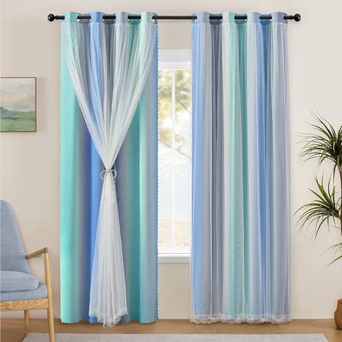 Image of XiDi Blakout Curtains with Sheer Overlay 84 Inches Long for Bedroom 2 Panels Double Layer Rainbow Curtains for Nursery Kid Room Thermal Insulated Room Darkening Grommet Drapes Blue Green Grey 52Wx84L
