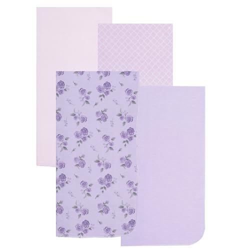 Image of EVERYDAY KIDS 4 Pack of Soft Flannel Receiving Baby Blanket Set for Girls; Pink and Purple Baby Swaddle Blankets with Purple Flower and Diamond Pattern Designs for Newborn Baby Girl Nursery