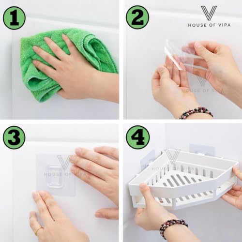 Image of HOUSE OF VIPA No Drill Bathroom Corner Shelf Organizer | Wall Mounted Plastic Corner Rack for Bathroom & Kitchen | 2-Tier Shelves with 4 Hooks | Rustproof, Heavy Duty Storage | (Set of 2) White